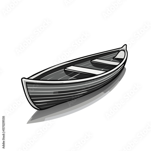 Illustration of a classic rowboat with a grey paint scheme on a black background