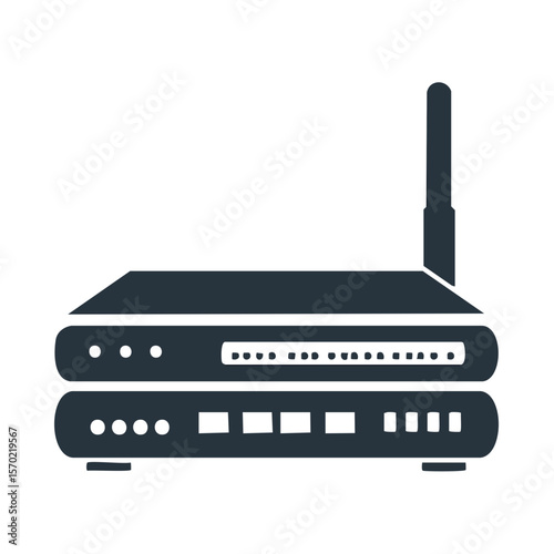 Illustration of a wireless router with antenna for internet network connection isolated on black, concept of technology