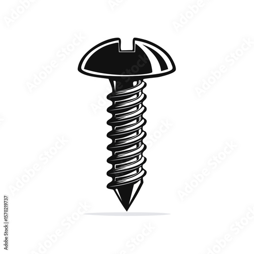 Screw illustration black and white drawing of fastener with thread metal element for fixing and carpentry isolated on dark background