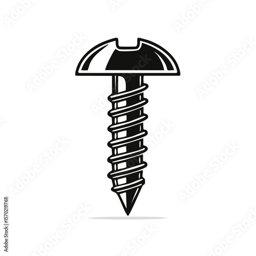 Illustration of single metal screw for construction industry and woodworking with pointed tip in black and white
