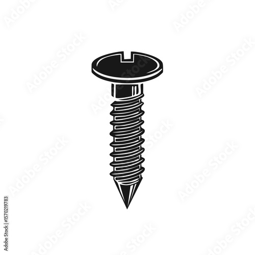 Screw illustration on black backdrop fastener element for construction icon and graphic element with white outline