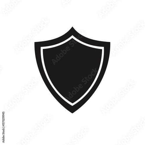 Simple black and white shield icon for security protection or defense symbol with a clean minimalist design on dark background