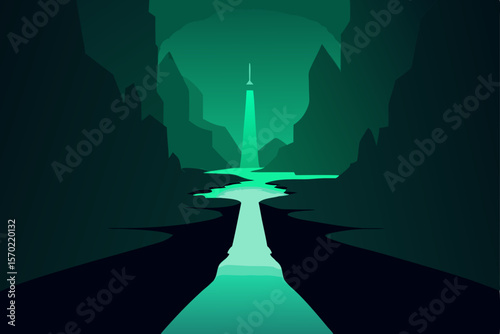 Ethereal Glow A Mystical River Valley with Glowing Tower