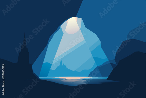 Enigmatic Cave Entrance A Low-Poly Illustration of a Mysterious Underground Lake