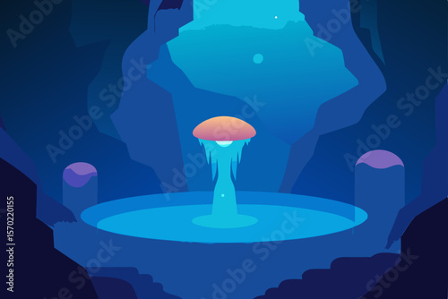 Enigmatic Underwater Cave Bioluminescent Mushroom and Crystal Pool