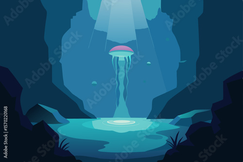 Enigmatic Underwater Cave Bioluminescent Waterfall and Mysterious Flora