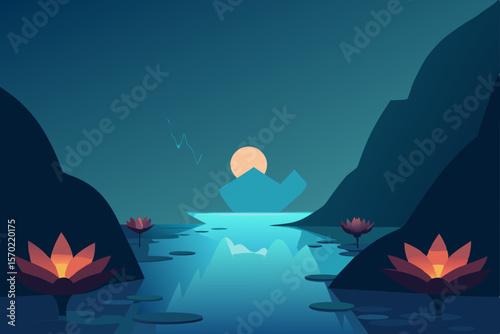 Serene Night Landscape Lotus Flowers and Tranquil Waters under Moonlit Sky