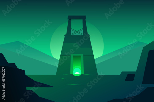 Mysterious Green Portal A Nighttime Landscape Illustration