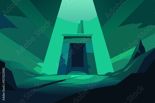 Mysterious Emerald Gateway A Low-Poly Digital Illustration of an Ancient, Enigmatic Structure