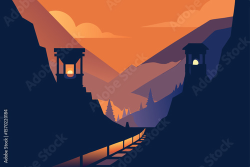 Mountain Valley Sunset  Ancient Structures and Serene Landscape Illustration