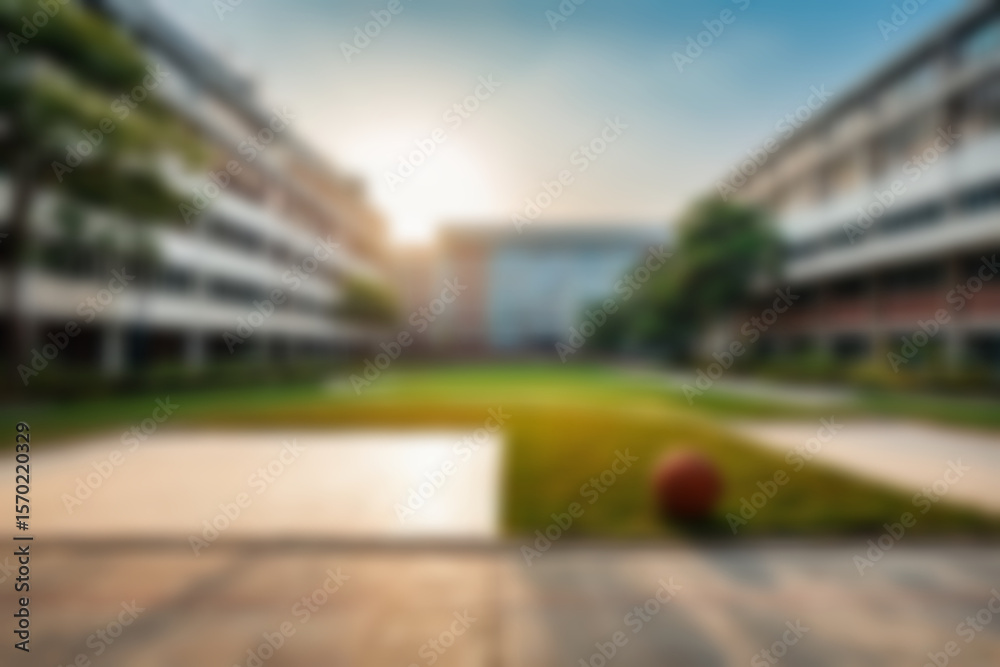 Fototapeta premium Blurry photo of a university building courtyard with a basketball court in front of it with a green theme and lots of trees.