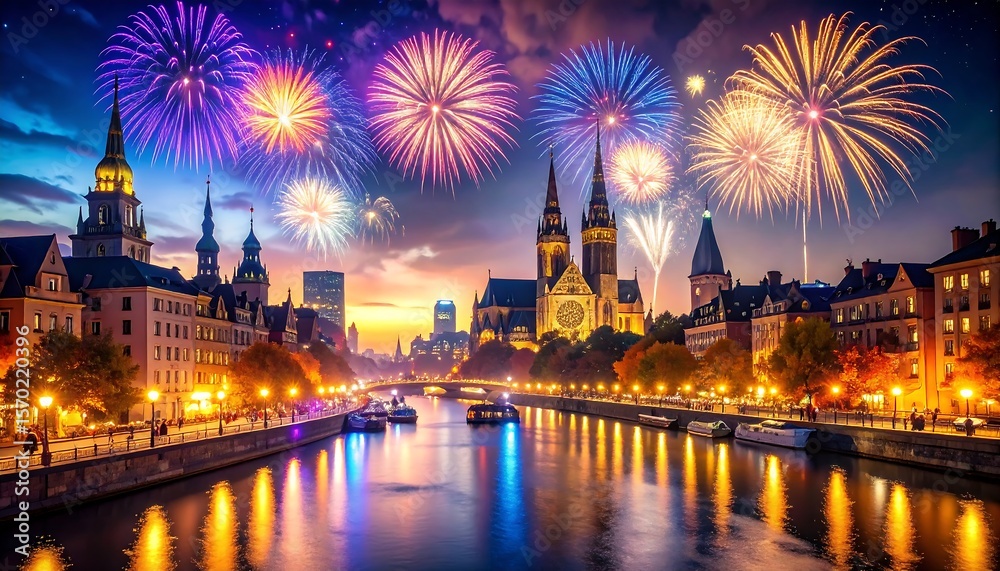 Obraz premium City Celebrates with Fireworks Over River at Night
