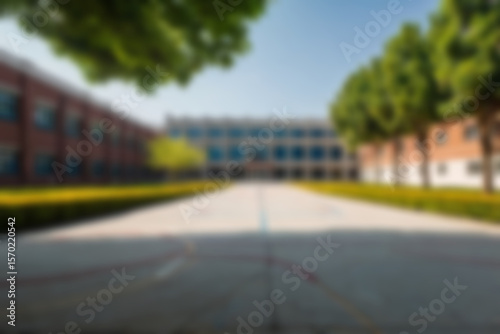 Blurry photo of a university building courtyard with a basketball court in front of it with a green theme and lots of trees.
