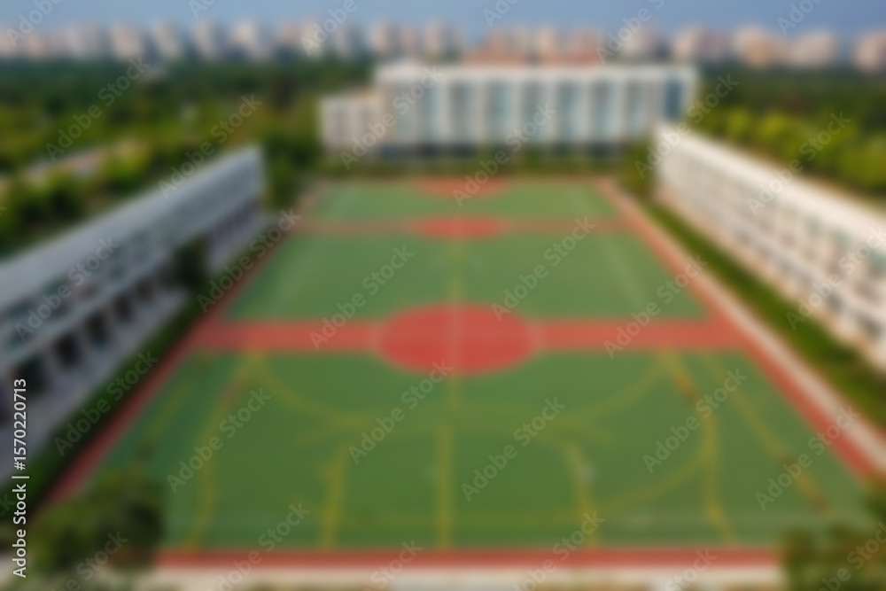 Obraz premium Blurry photo of a university building courtyard with a basketball court in front of it with a green theme and lots of trees.