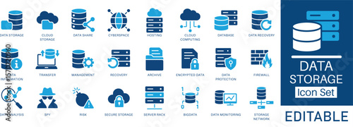 Data storage flat icon set. Including cloud computing, encrypted data, hosting, cloud storage, server racks, and monitoring. Perfect for IT dashboards, apps, websites, and cybersecurity platforms.