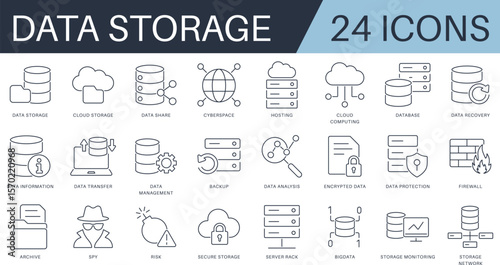 Data storage line icon set. Includes cloud computing, cybersecurity, encrypted data, server rack, backup, and monitoring. Ideal for IT, apps, websites, and SaaS systems.
