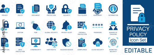 Privacy Policy editable flat icon collection. Includes data protection, cybersecurity, GDPR, biometric security, cloud safety, and compliance tools. Perfect for apps, web UI, and infographics.