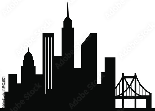 Urban City Skyline Silhouette Vector Black White Outline