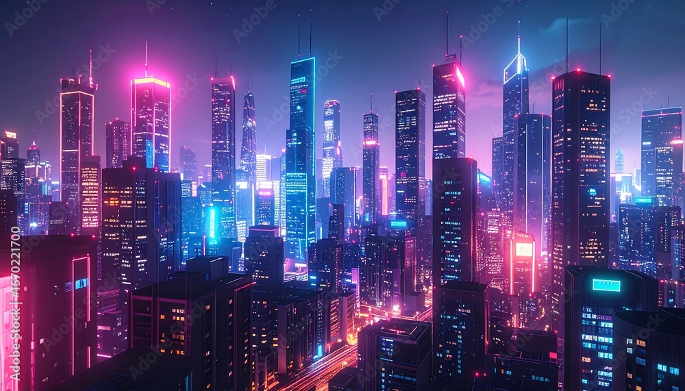 Fototapeta premium Cityscape at Night with Colorful Neon Building Lights
