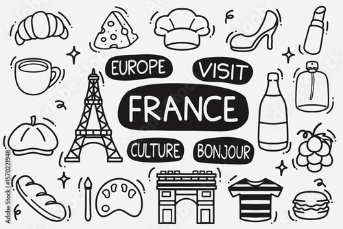 set of france doodle good for background, wallpaper, element design, icon, etc