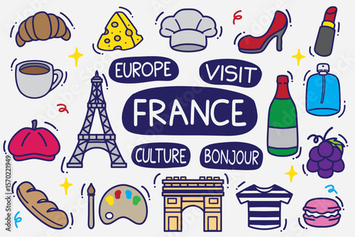 set of france doodle with color good for background, wallpaper, element design, icon, etc