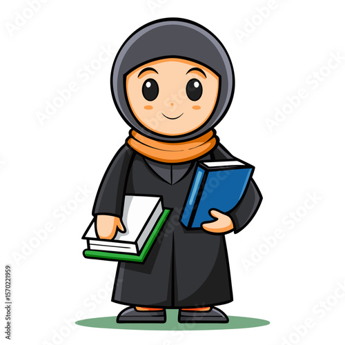 Young Muslim student in abaya with books smiling with pride  