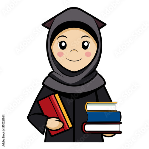 Young Muslim student in abaya with books smiling, concept of education  