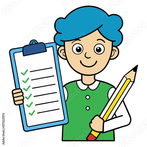 Student with worksheet and pencil smiling