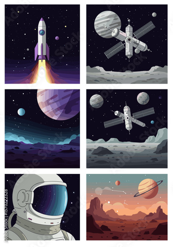 Colorful Space Scenes with Rocket Launch, Space Station, Planets, and Astronaut Helmet