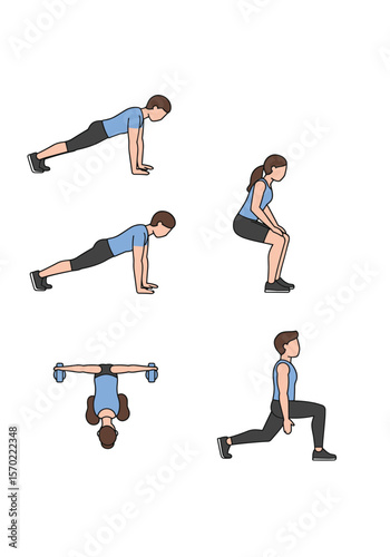 Diverse Fitness Routine: Illustrated People Exercising in Various Poses