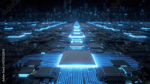 Futuristic circuit board with glowing city lights