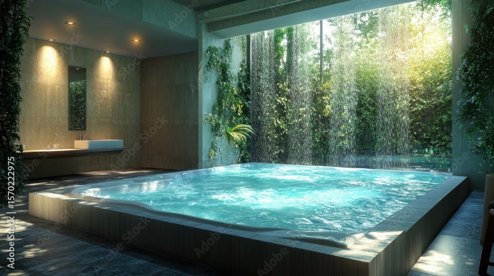 Obraz premium serene indoor spa retreat featuring a jacuzzi surrounded by lush greenery evoking tranquility and relaxation for a luxurious wellness experience