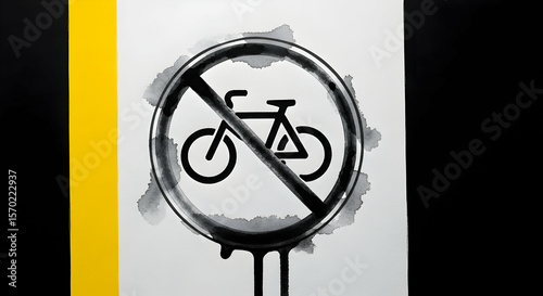 No Bicycles Allowed Circular Sign With Black Watercolor Effect On Paper