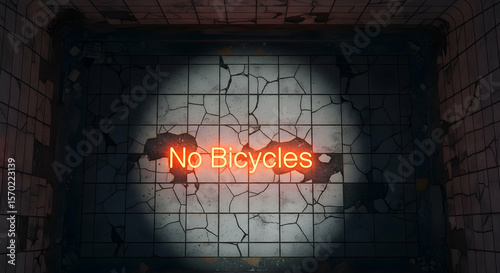 Wallpaper Mural No Bicycles Glowing Warning On Cracked Tiled Wall In A Dark Room Torontodigital.ca