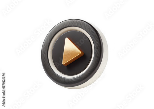 Modern golden play button icon with textured metallic ring isolated on transparent background