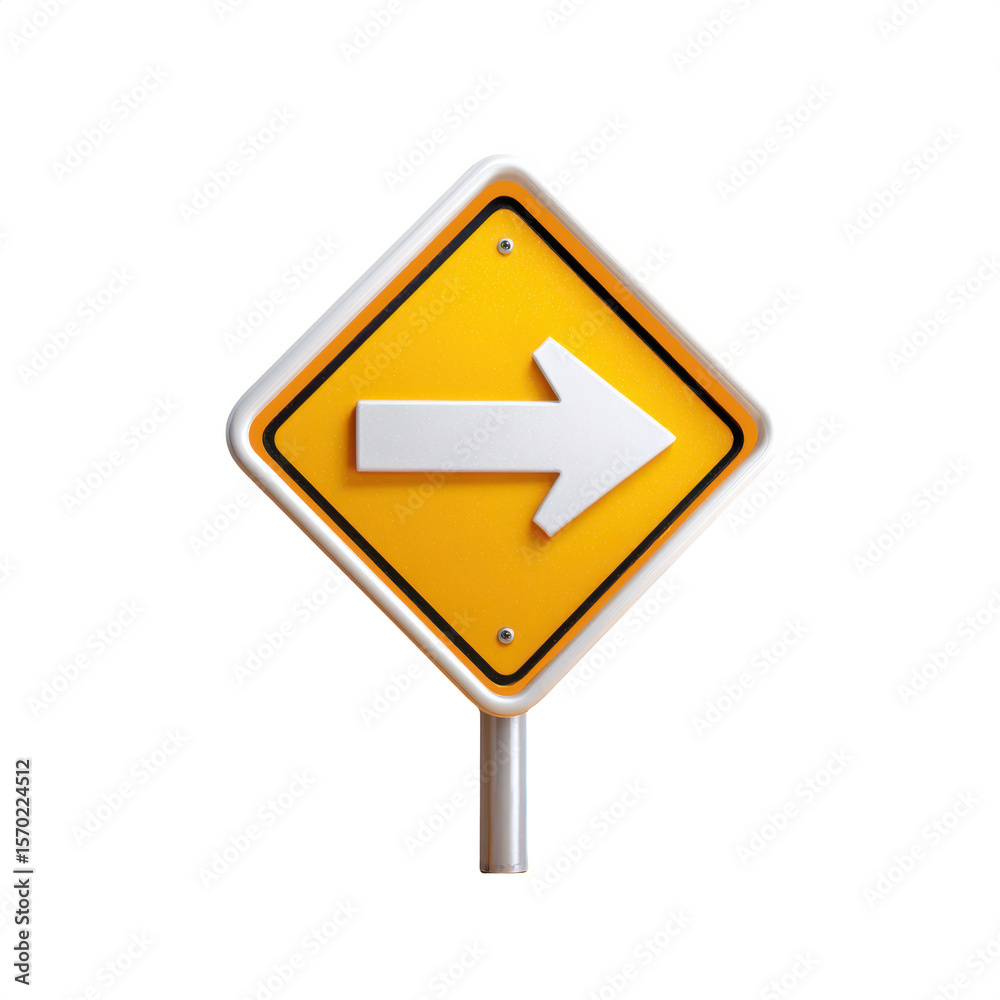 A yellow diamond-shaped traffic sign with a white right-pointing arrow indicating a turn or direction change. A yellow diamond-shaped traffic sign with a white right-pointing arrow indicating a turn or direction change.
