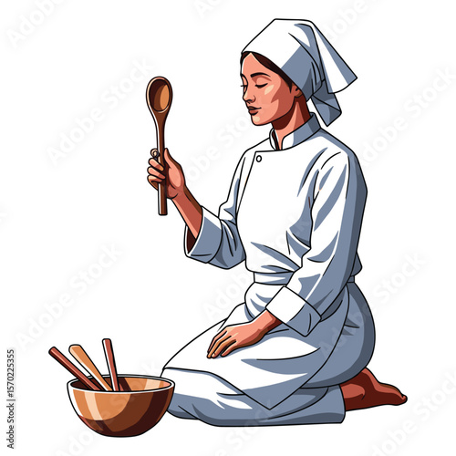 Chef Preparing Meal with Wooden Spoon in Calm Kitchen Scene Cartoon Illustration