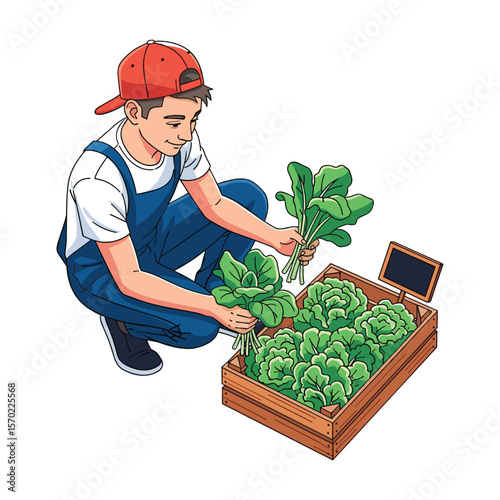 Farmer Arranging Fresh Green Produce in Wooden Crate Illustration for Agriculture Projects