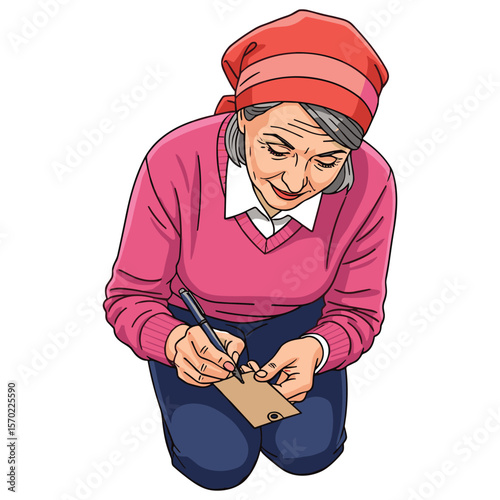 Mature woman kneeling writing note. thoughtful person journaling with pen on paper illustration