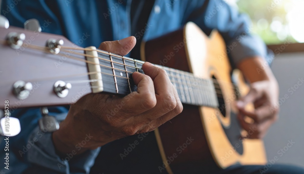 Fototapeta premium Man Playing Acoustic Guitar Close Up