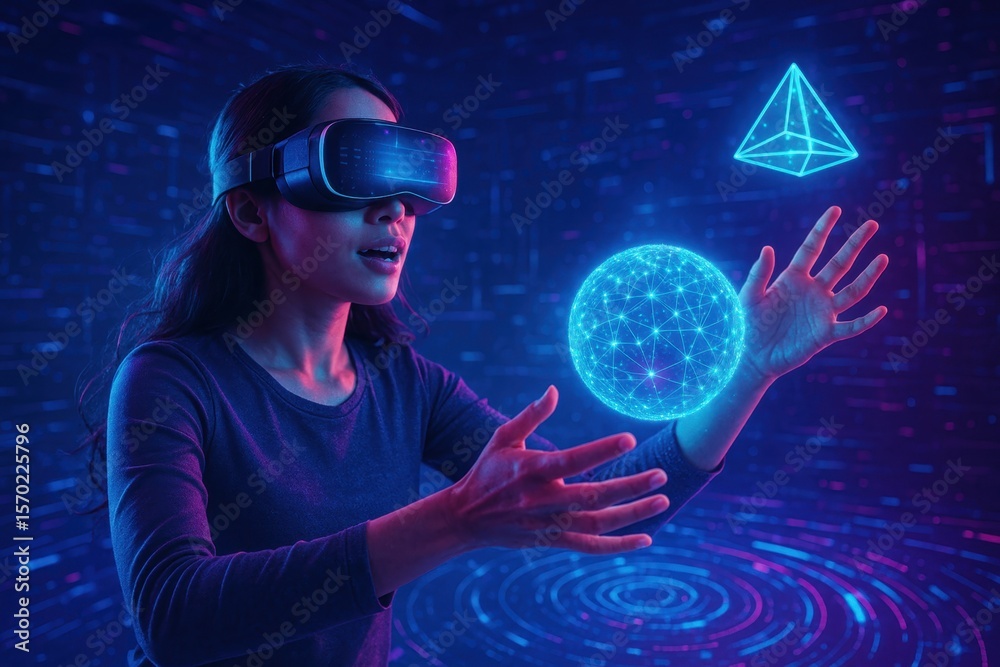 Naklejka premium Immersive Virtual Reality Experience: Woman Exploring Digital Worlds Through Advanced VR Technology