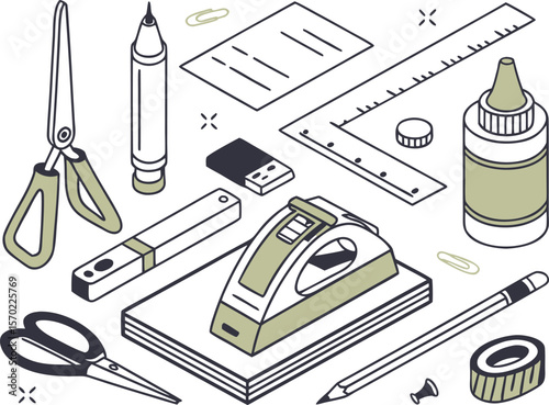 Assorted stationery items arranged in isometric perspective office supplies school supplies