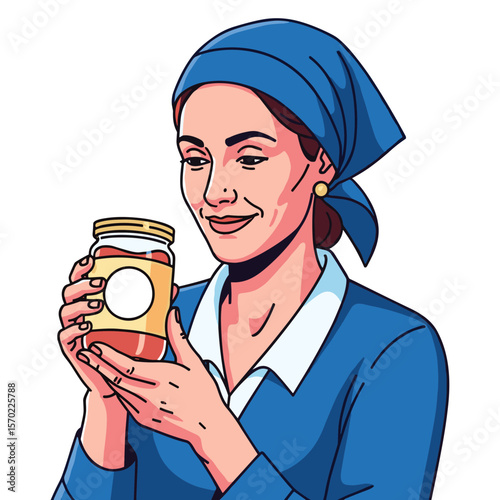 Retro Style Woman Holding Jar of Preserves for Homemade Product Promotion Illustration