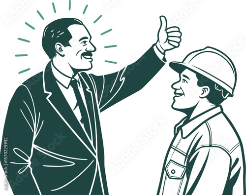 Man in suit gives thumbs up to construction worker hard hat