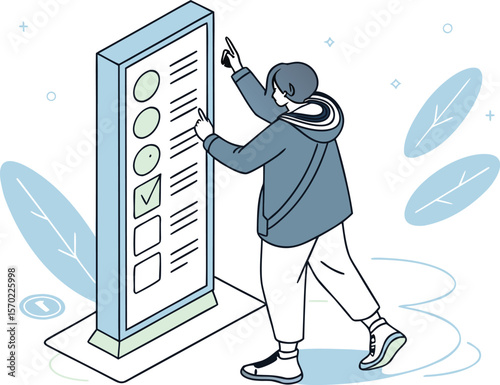 Person interacting with a digital display board interactive screen checklist