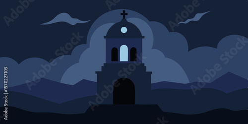 Old white church with a bell tower under the moonlight in Santorini, Greece, a serene landmark of orthodox religion and beautiful architecture