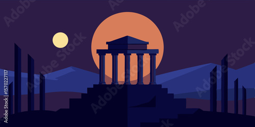 Vector urban skyline illustration: moonlit city silhouette with industrial and architectural elements