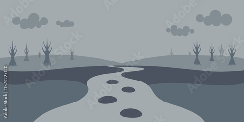 Winter landscape vector with snow-covered trees under a cold sky and a country road