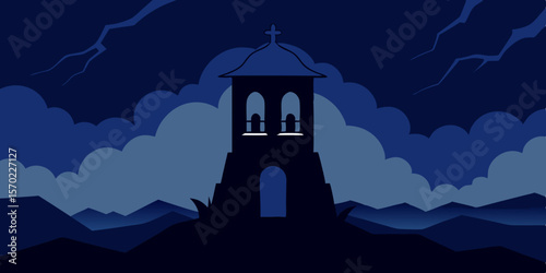 Old Catholic church at night with a spooky moonlit sky and haunted house architectural details, a religious tower, and a tree silhouette illustration
