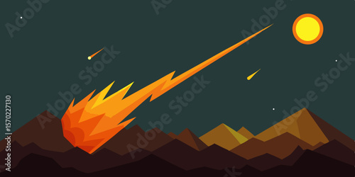 Vector illustration of a fiery sunset over the mountains, with an orange and red sky casting a warm glow